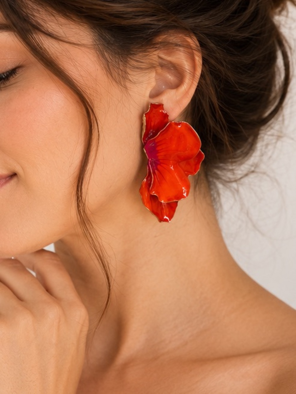 Red Orange Floral Statement Earrings | Enamel Flower Petal Gold Tone - Picture 4 of 4